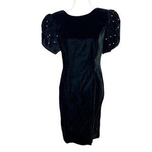 Vintage 80s After Dark Black Velvet Dress S/M Puff Sleeves Pearl Party Goth